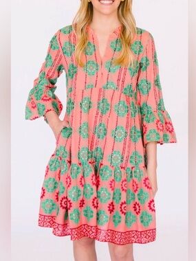 Oliphant Bell Sleeve Tiered Mini Rose Phoenix Dress Coral Block Print Sz floral